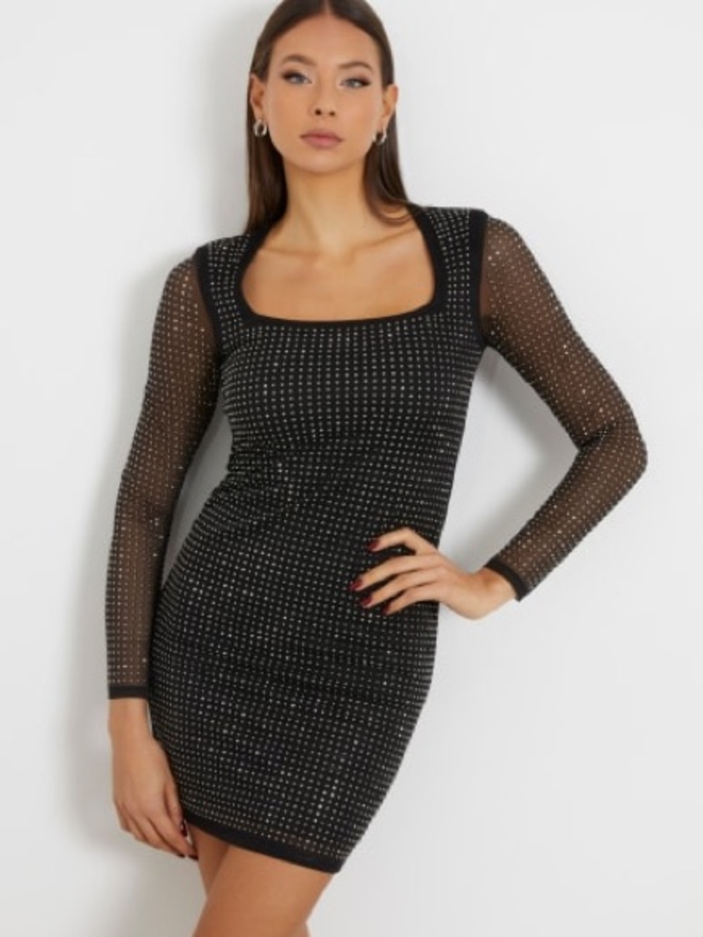 Guess Black Square Neck Long Sleeve Embellished Bodycon Dress